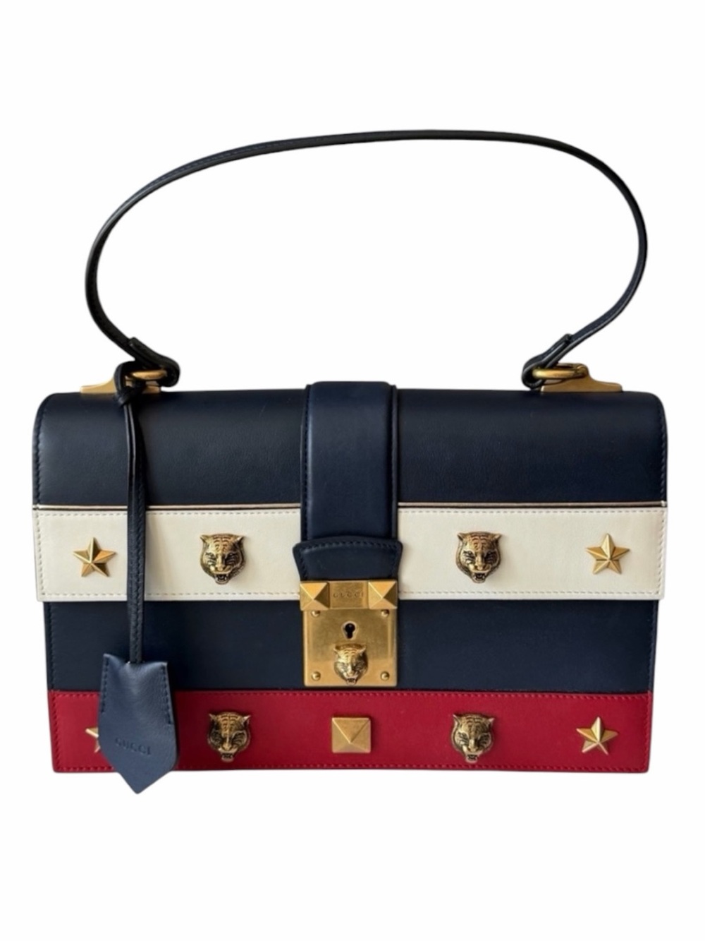 GUCCI Americana Red, Cream & Blue Cat Lock Tri-Color Leather Shoulder Bag
